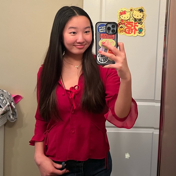 Red Cardigan Ruffled Sleeve - Picture 2 of 10